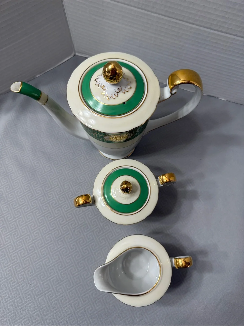 Vintage Albion China Porcelain Coffee/Tea 3 Pc Service Emerald Green Gold Japan